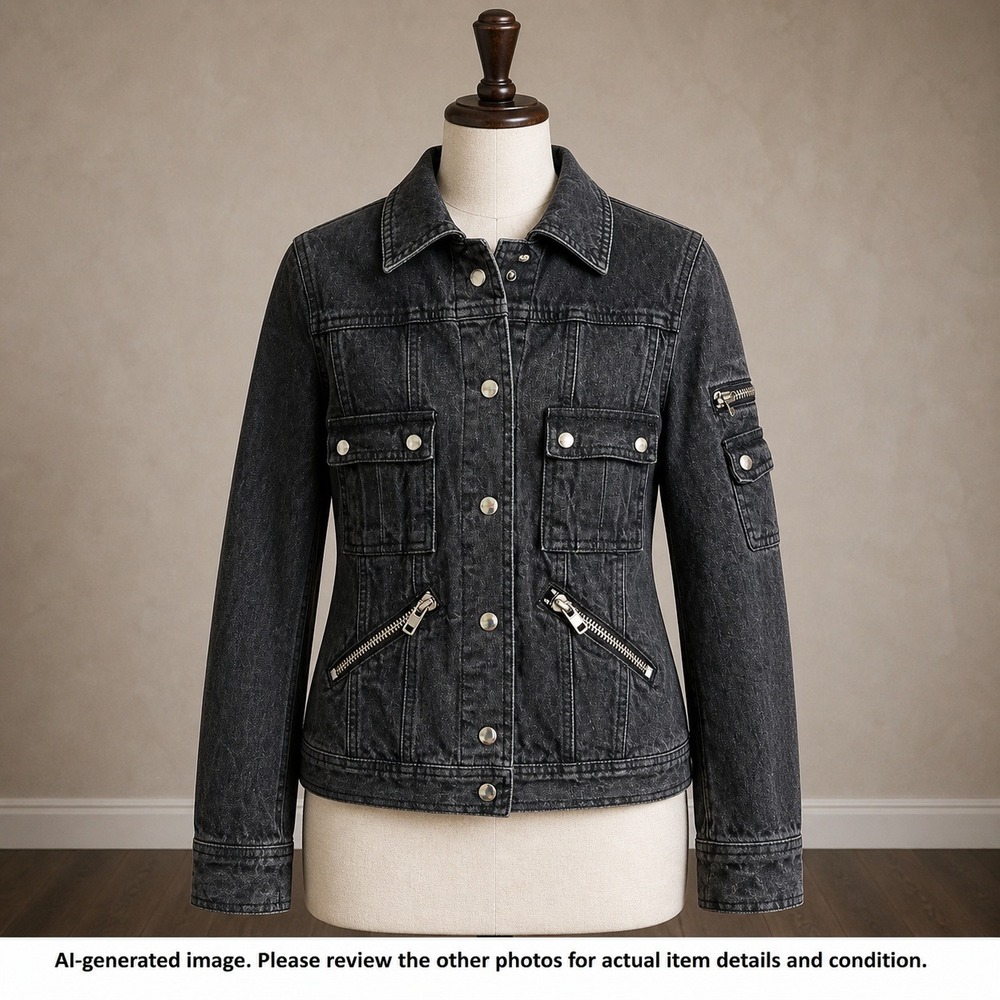 Marc Jacobs Black Denim Military Utility Moto Jacket Zipper Cargo Y2K Size 6